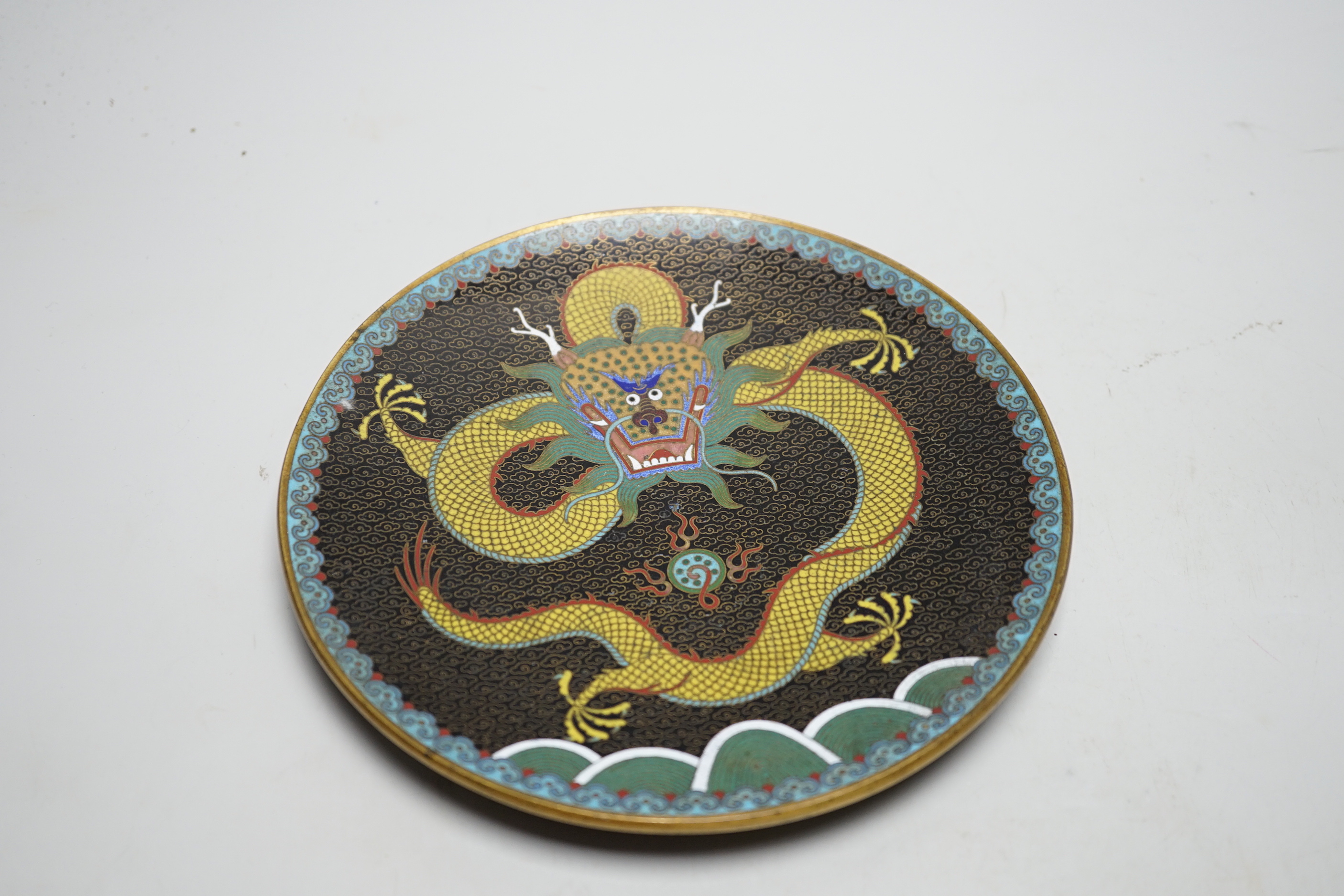 A Chinese cloisonné enamel ‘dragon’ dish, a Japanese Satsuma tray and other items